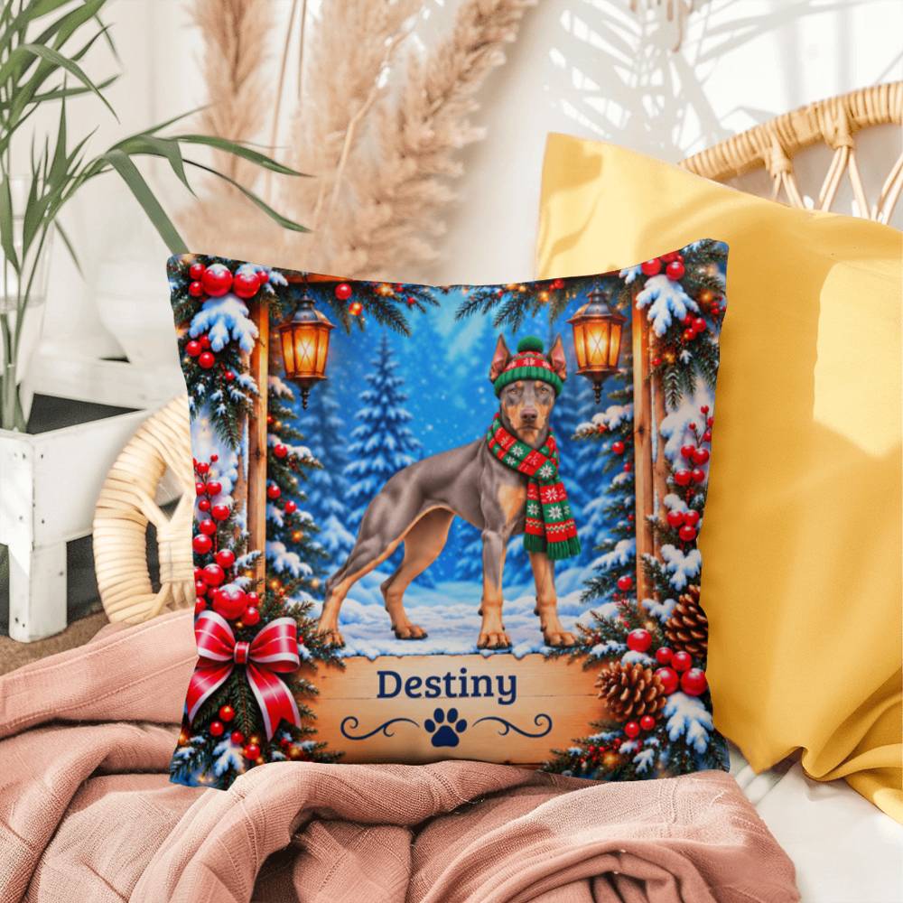 Doberman (Blue Fawn Isabella Coat) - Personalized Dog Name Pillow, Snowy Cabin Decor