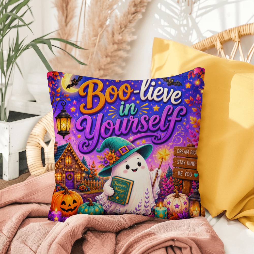 Boo-lieve In Yourself message with friendly ghost illustration on an encouraging Halloween throw pillow