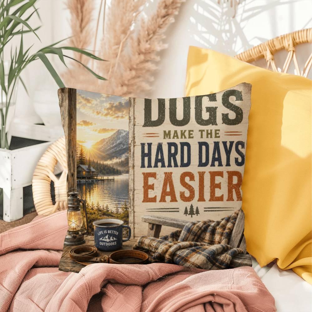 Shop our premium dogs make the hard days easier throw pillow from MySisterIsASurvivor.