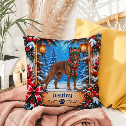 Belgian Malinois (Liver-Chocolate Coat) - Personalized Winter Pillow, Custom Dog Name Gift