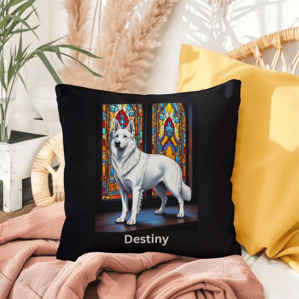 German Shepherd (White) Indoor/Outdoor Pillow - Personalized Stained Glass Dog Tribute & Comfort Gift