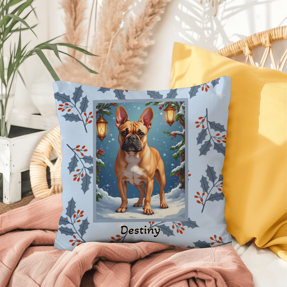 French Bulldog Fawn Pillow - Seasonal Frenchie throw pillow, indoor winter dog home accent