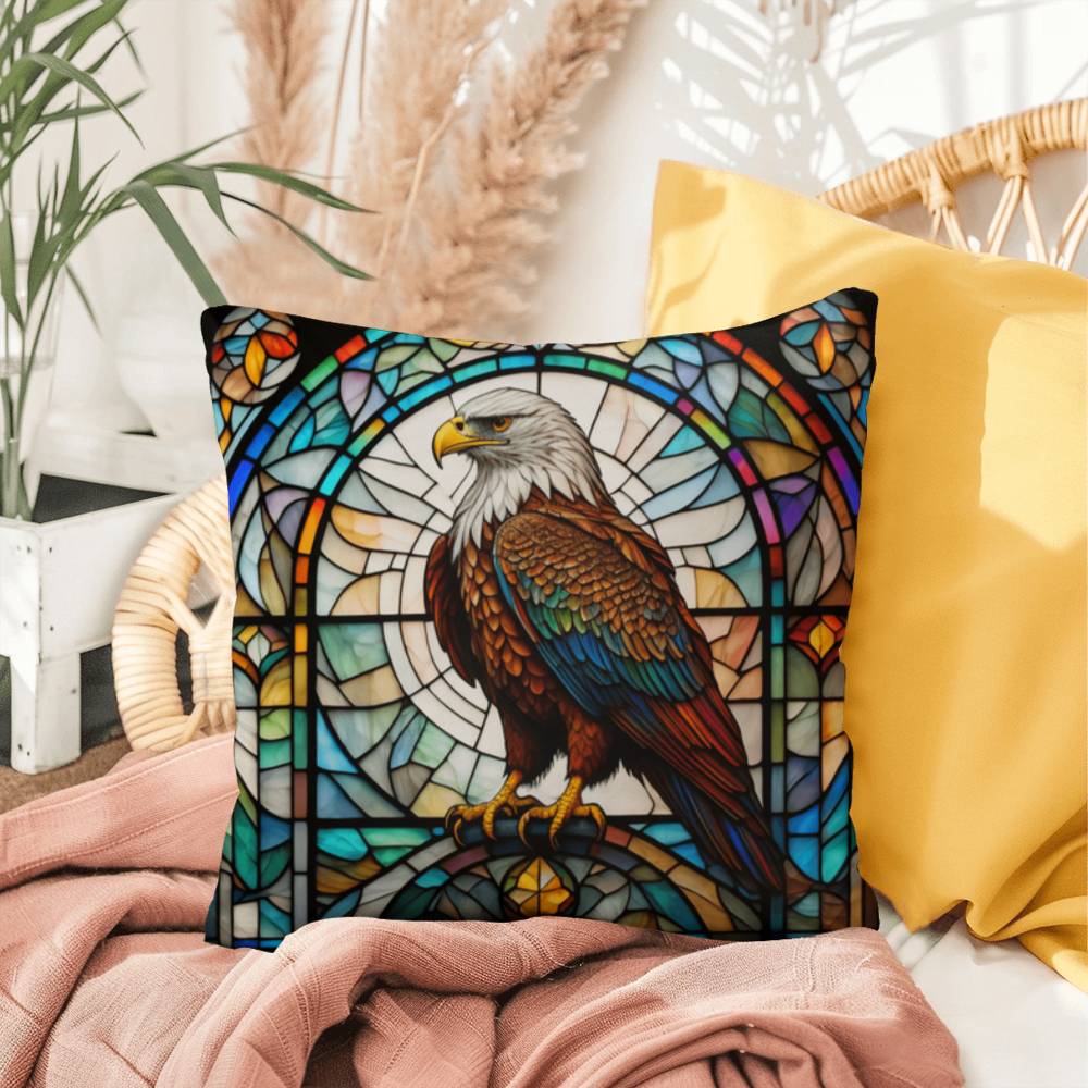 Eagle stained glass throw pillow, birds of prey wildlife decor, indoor outdoor home accent