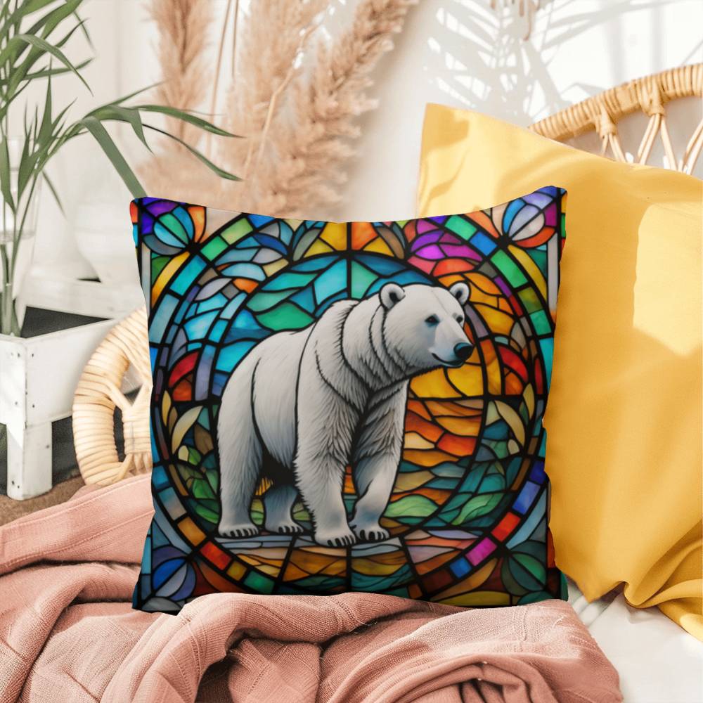 Polar Bear stained glass throw pillow, Arctic wildlife decor, indoor outdoor home accent