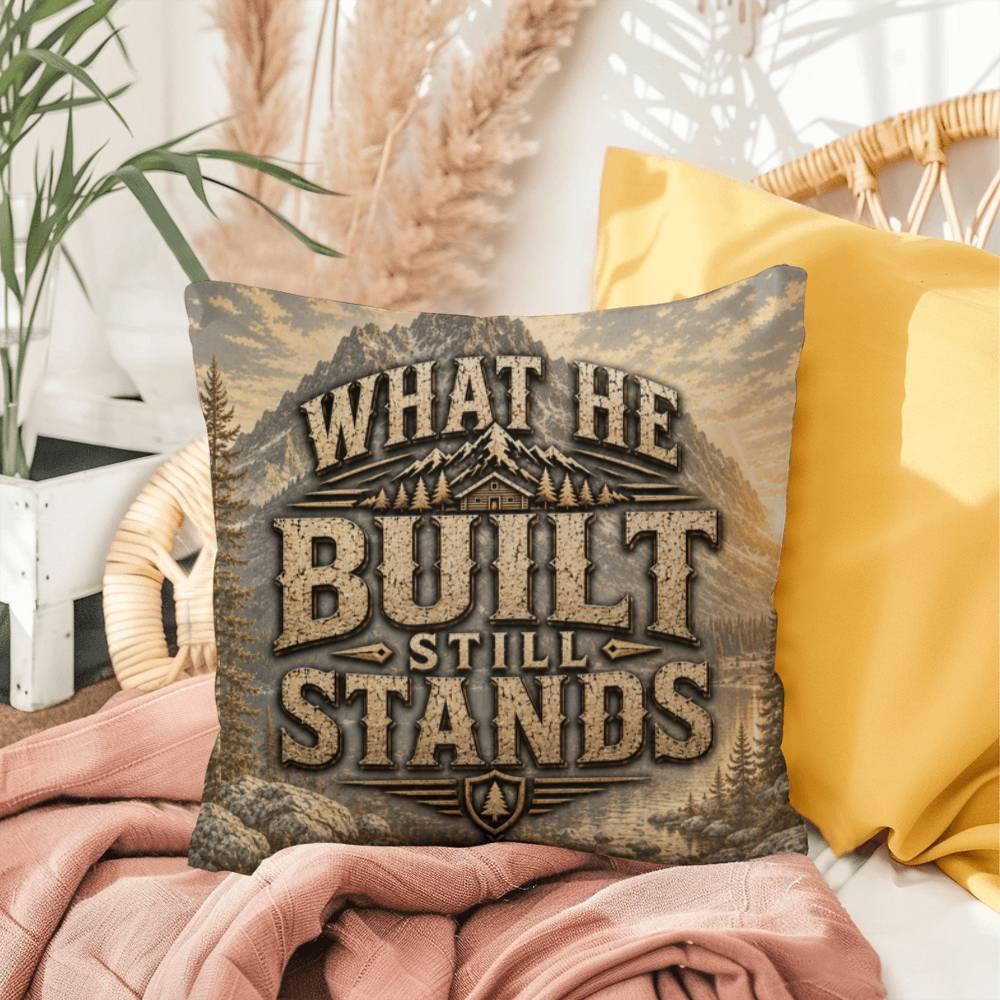 Shop our premium what he built still stands throw pillow from MySisterIsASurvivor.