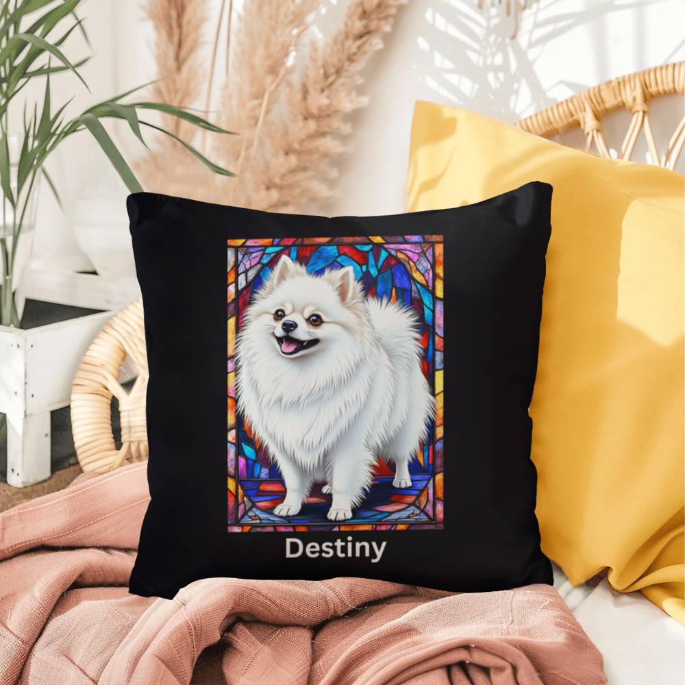 Pomeranian (White) Indoor/Outdoor Pillow - Personalized Stained Glass Dog Tribute & Comfort Gift