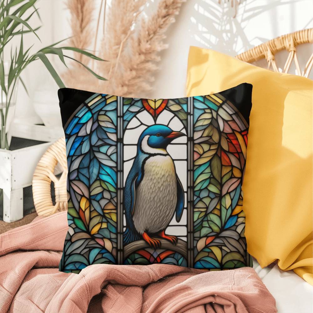 Penguin stained glass throw pillow, Arctic wildlife decor, indoor outdoor accent pillow