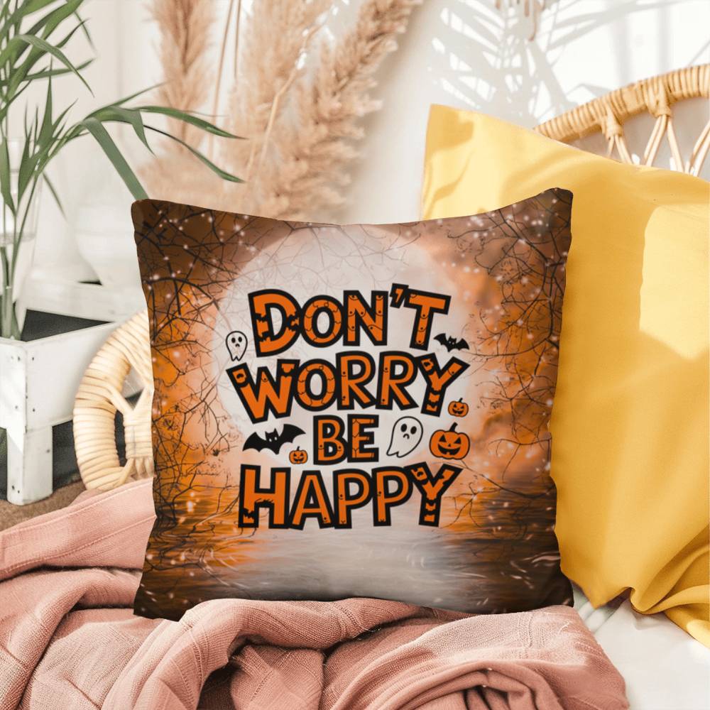 Skeleton-themed Halloween indoor/outdoor pillow with “Don’t Worry Be Happy” for mental health encouragement