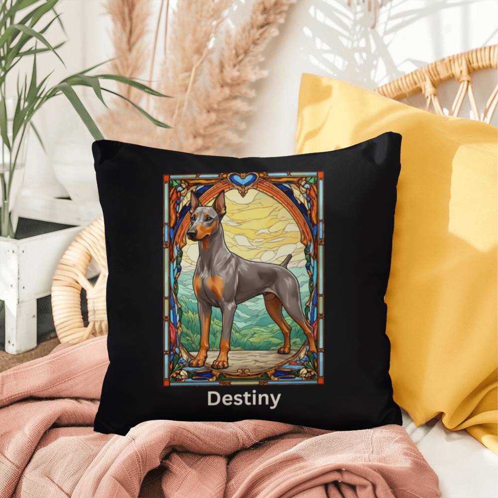Doberman Pinscher (Fawn [Isabella] & Rust) Indoor/Outdoor Pillow - Personalized Stained Glass Dog Tribute & Comfort Gift