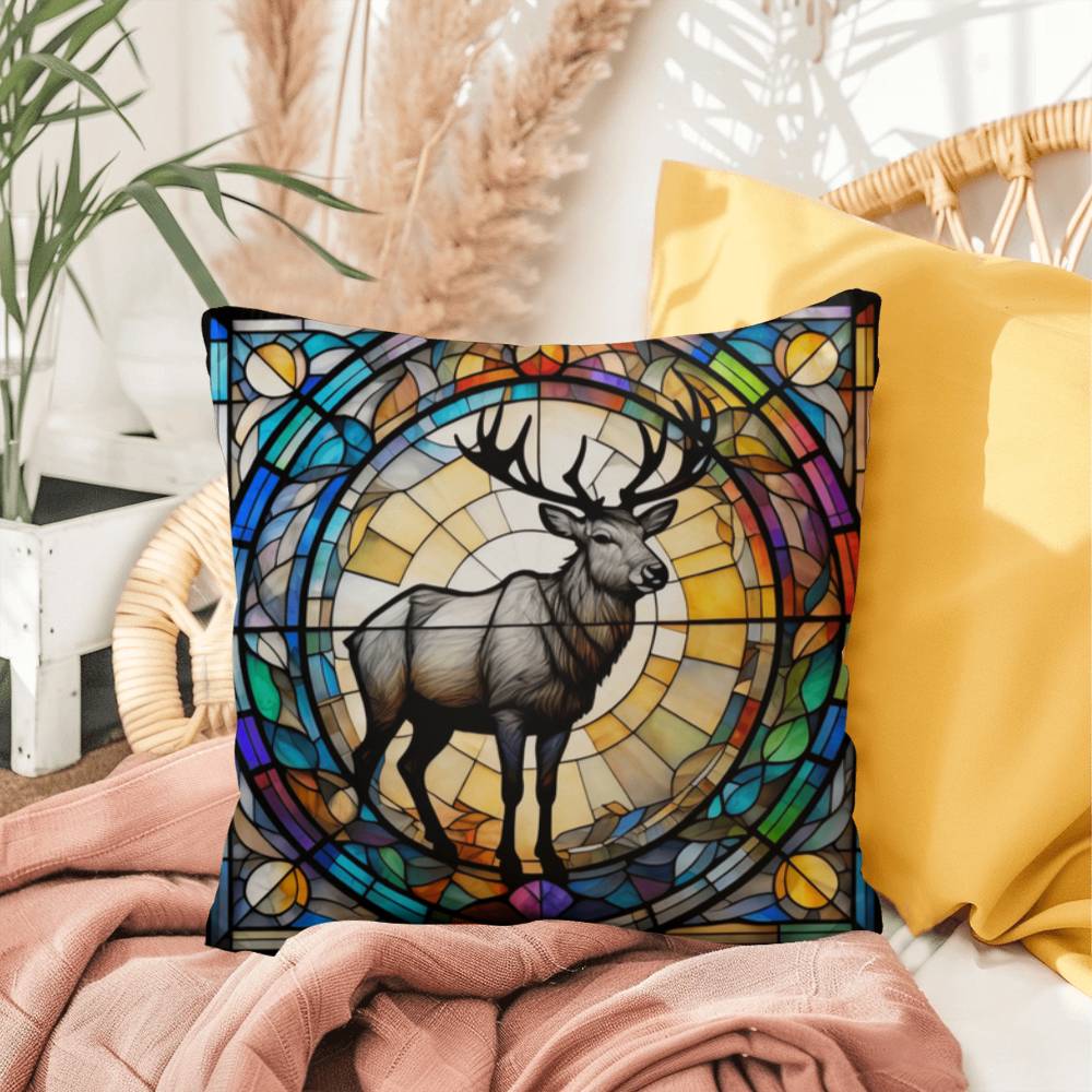 Reindeer stained glass throw pillow, holiday wildlife decor, indoor outdoor accent cushion