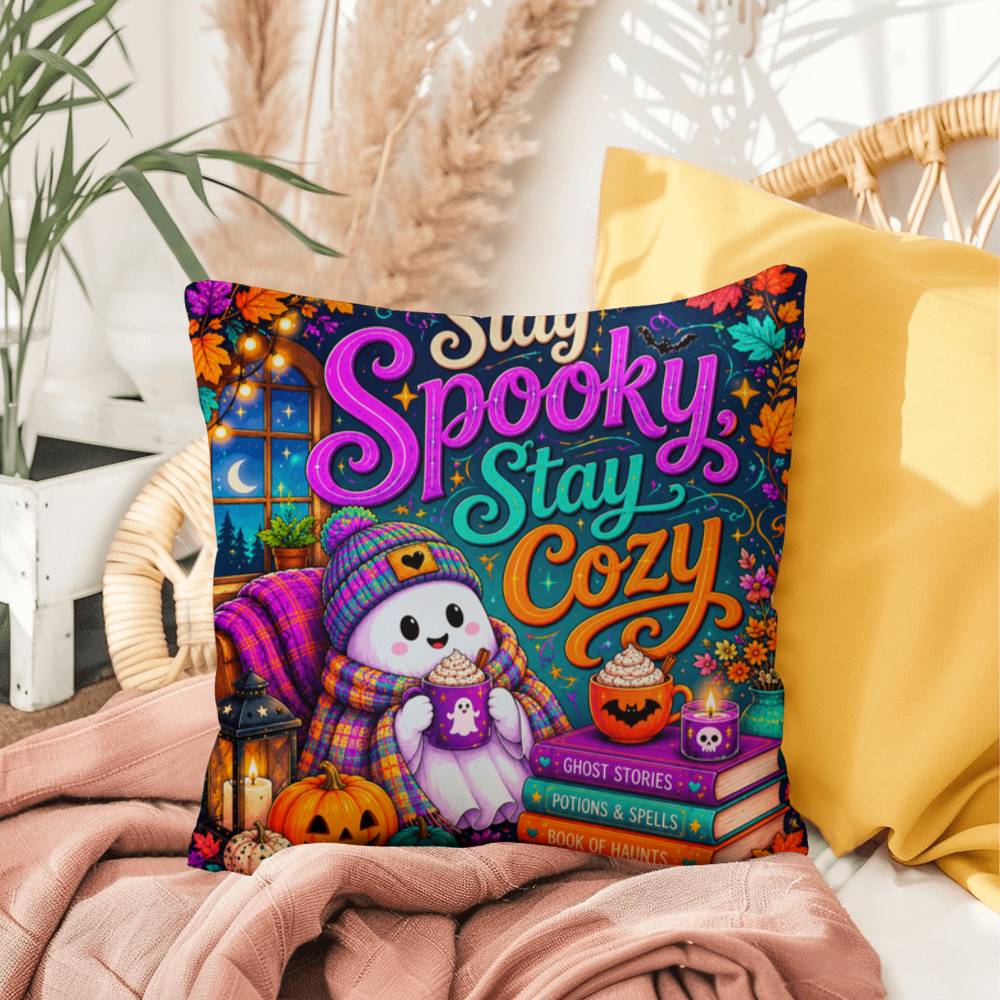 Stay Spooky Stay Cozy quote with ghosts and books on a Halloween throw pillow