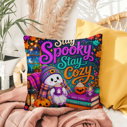 Stay Spooky Stay Cozy quote with ghosts and books on a Halloween throw pillow