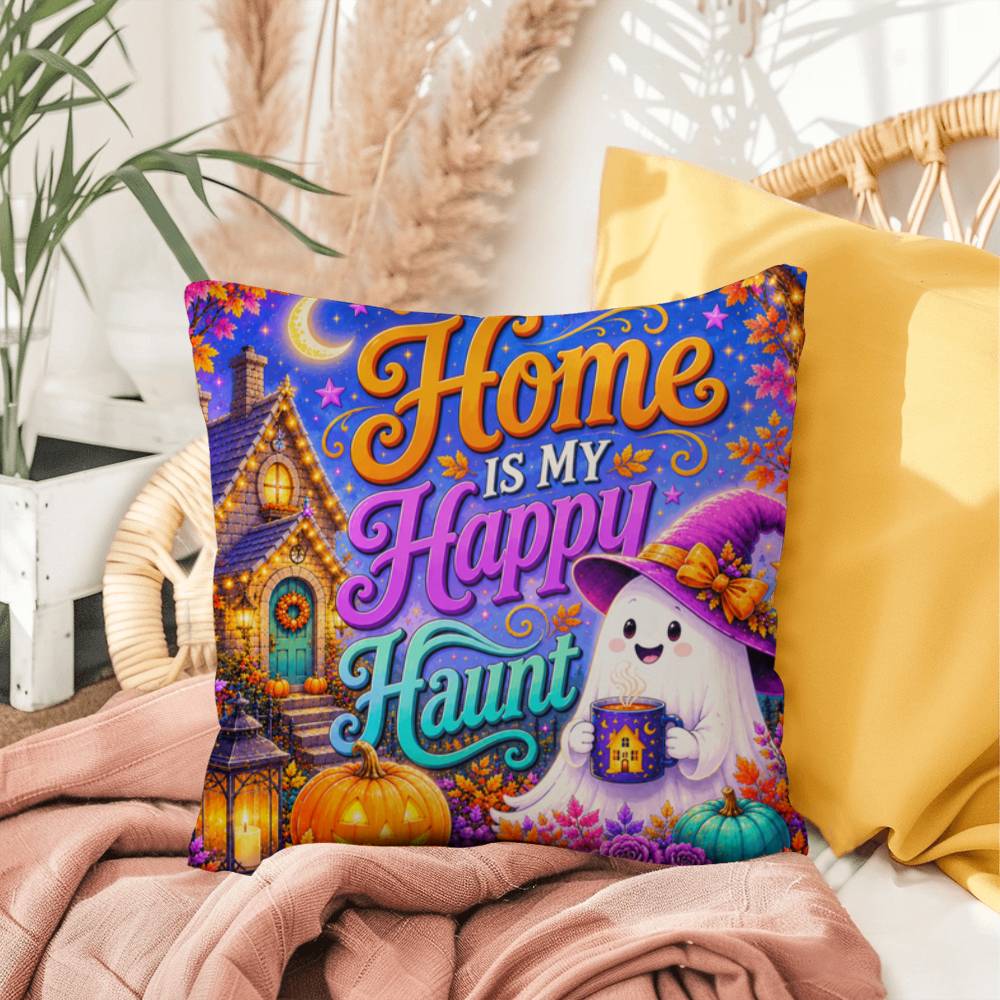Home Is My Happy Haunt design with cozy ghost house artwork on a Halloween throw pillow