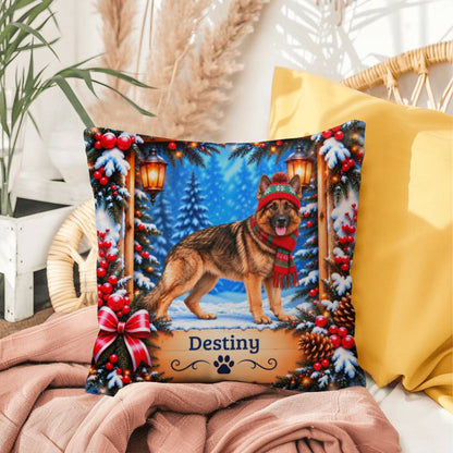 German Shepherd (Gold Sable Coat) - Personalized Cozy Lodge Pillow, Winter Dog Name Gift