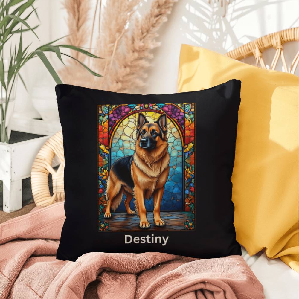 German Shepherd (Black and Tan) Indoor/Outdoor Pillow - Personalized Stained Glass Dog Tribute & Comfort Gift