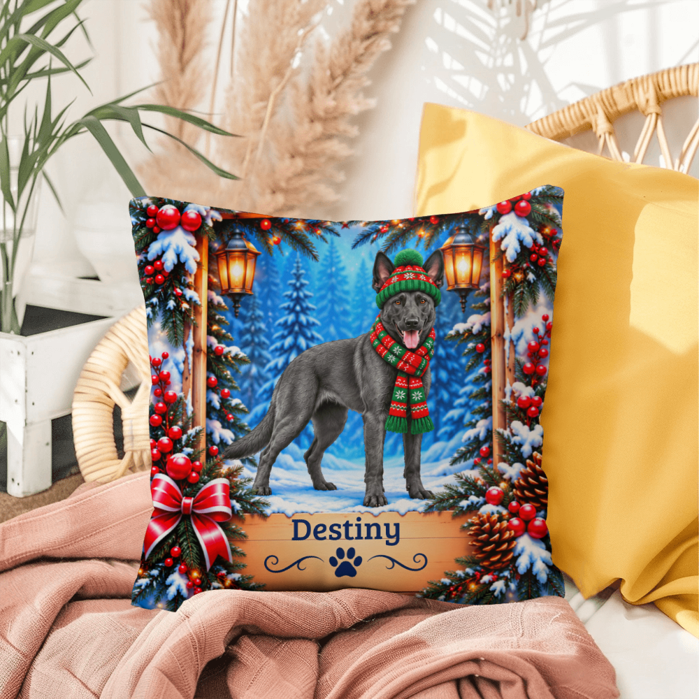 Belgian Malinois (Blue Slate Coat) - Personalized Winter Forest Pillow, Custom Dog Name Gift