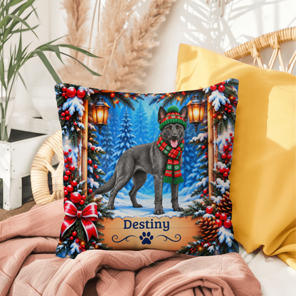 Belgian Malinois (Blue Slate Coat) - Personalized Winter Forest Pillow, Custom Dog Name Gift