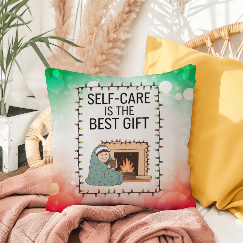 Self-Care is the Best Gift Throw Pillow - Holiday mental health cozy decorative Christmas pillow
