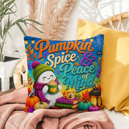 Pumpkin Spice & Peace Of Mind Halloween Throw Pillow - Cozy Ghost Fall Pillow