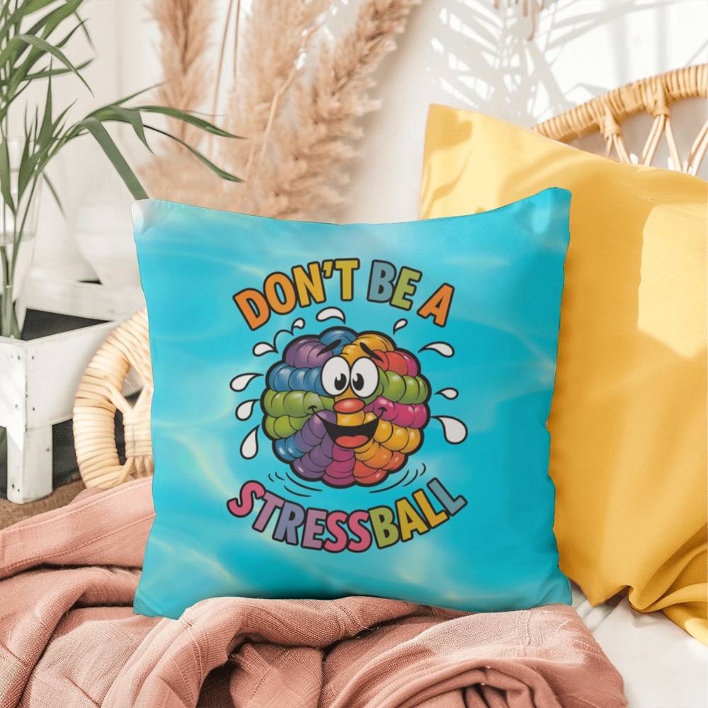 "Don’t Be A Stress Ball" indoor/outdoor pillow, custom-designed for anxiety relief and mental health support.