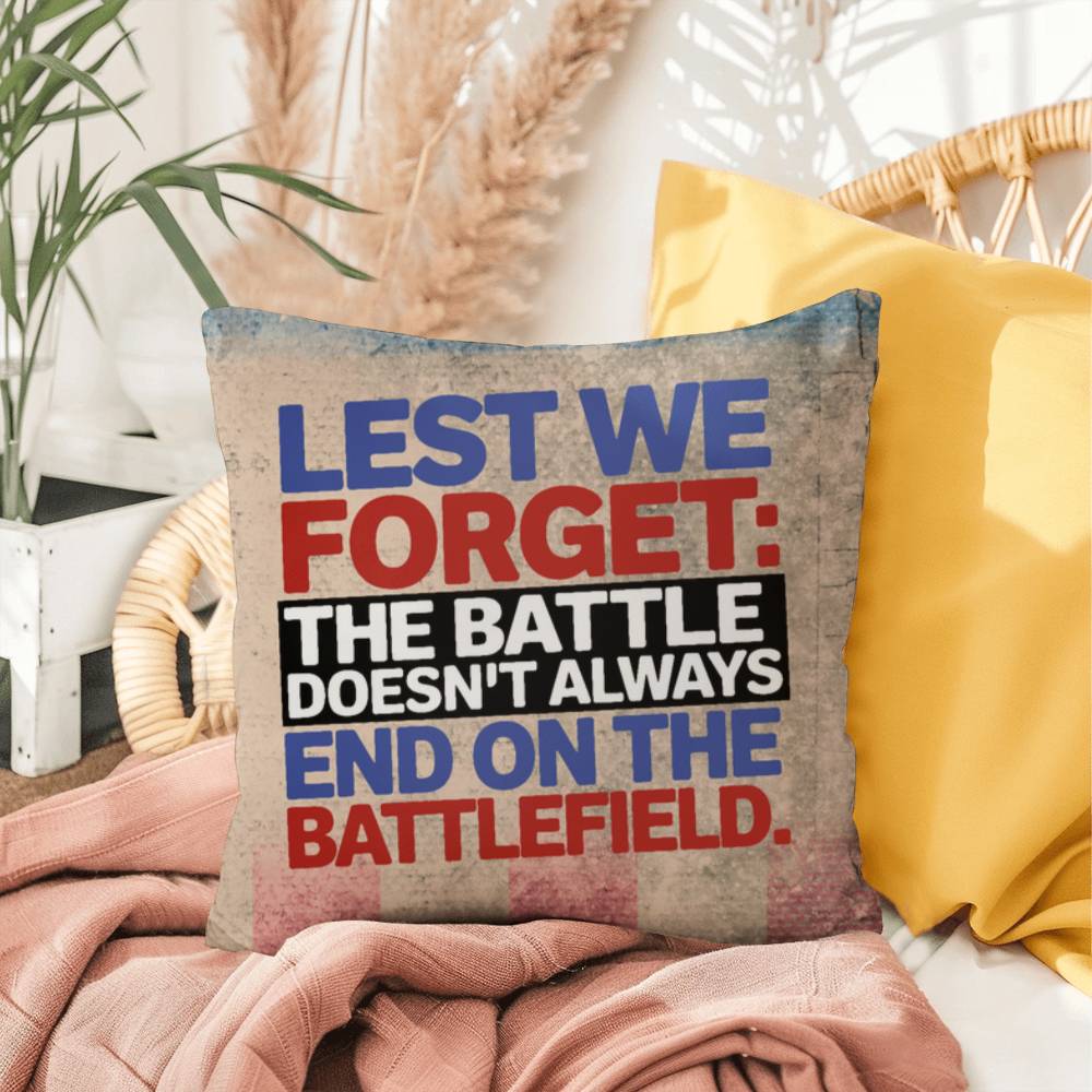 Lest We Forget custom military remembrance pillow for PTSD support, Memorial Day tribute, and honoring veteran service
