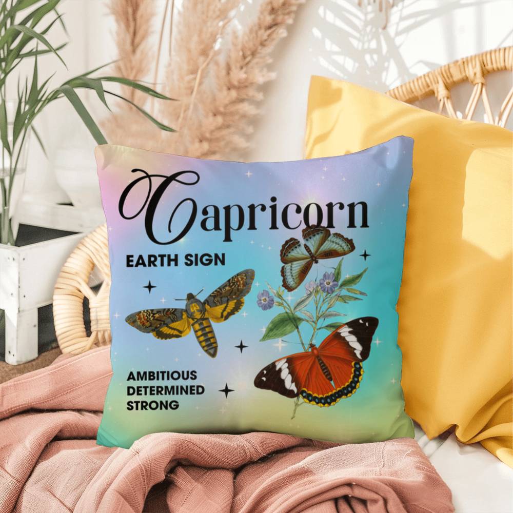 Capricorn Butterfly Indoor/Outdoor Pillow – Zodiac Astrology Decor, Boho Accent for Home & Patio