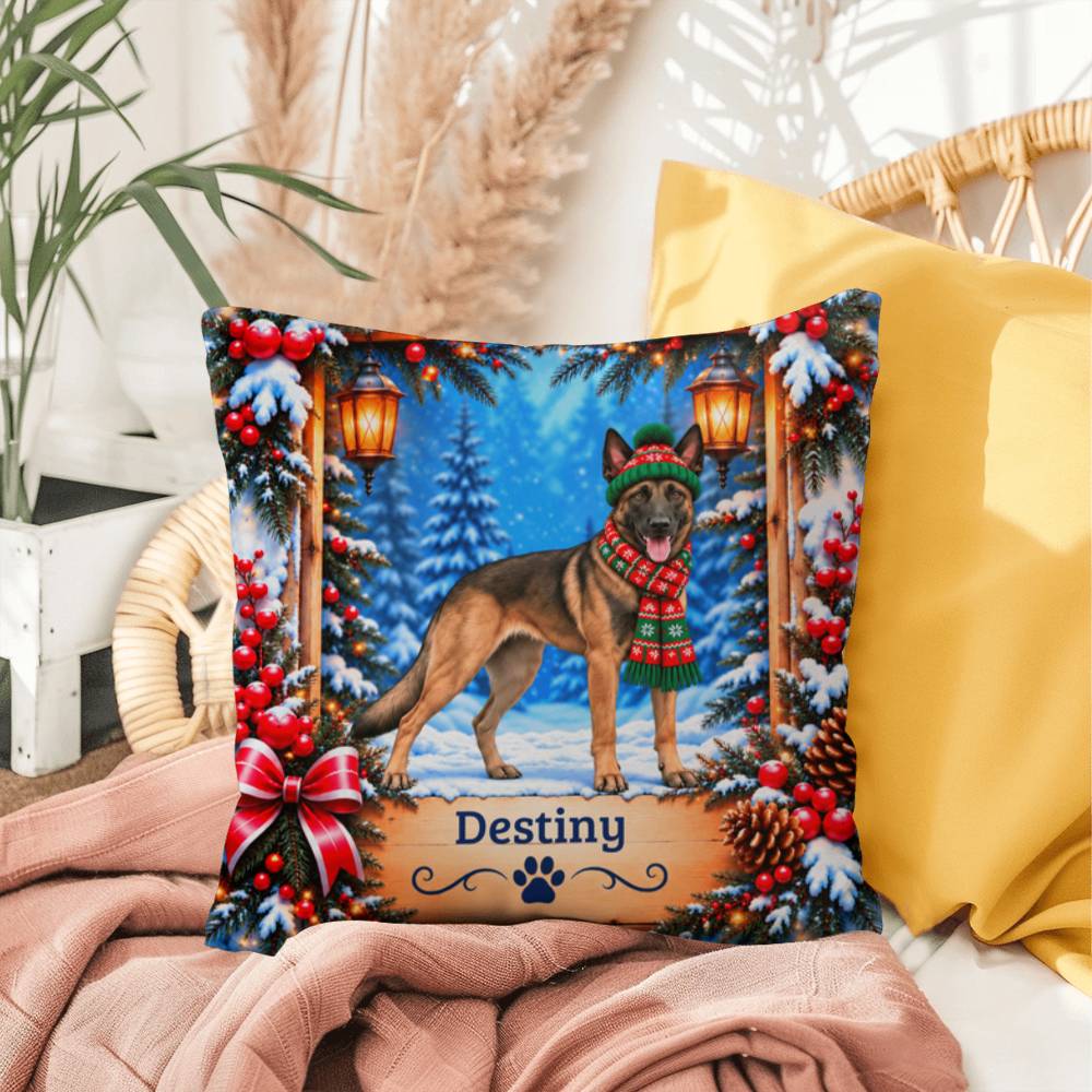 Belgian Malinois (Fawn Sable Coat) - Personalized Winter Forest Pillow, Custom Name Mali Lover Gift
