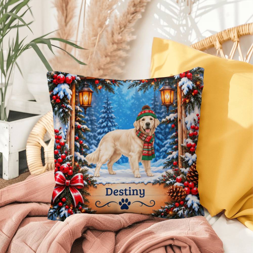 Golden Retriever (English Cream Coat) - Personalized Winter Forest Pillow, Custom Dog Name Gift