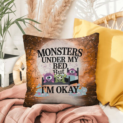Halloween indoor/outdoor throw pillow with “Monsters Under My Bed” for seasonal fun