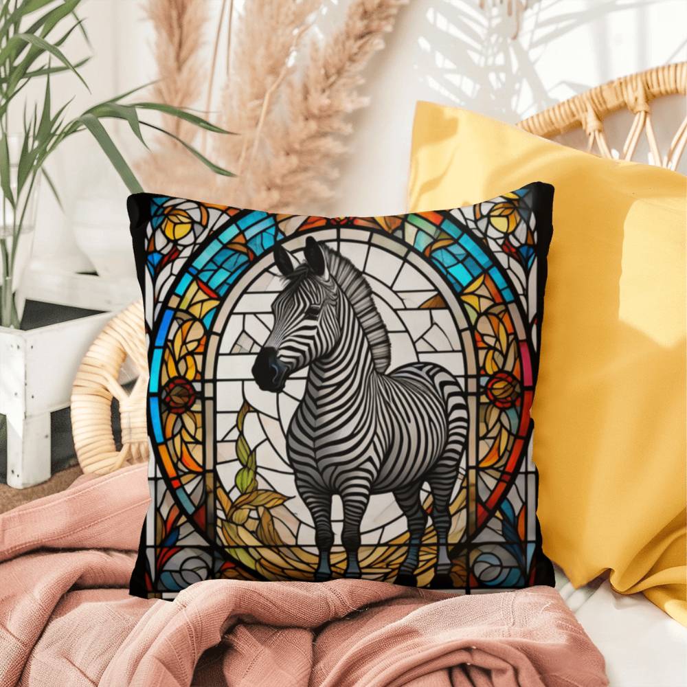 Zebra stained glass throw pillow, safari wildlife home decor, indoor outdoor accent cushion