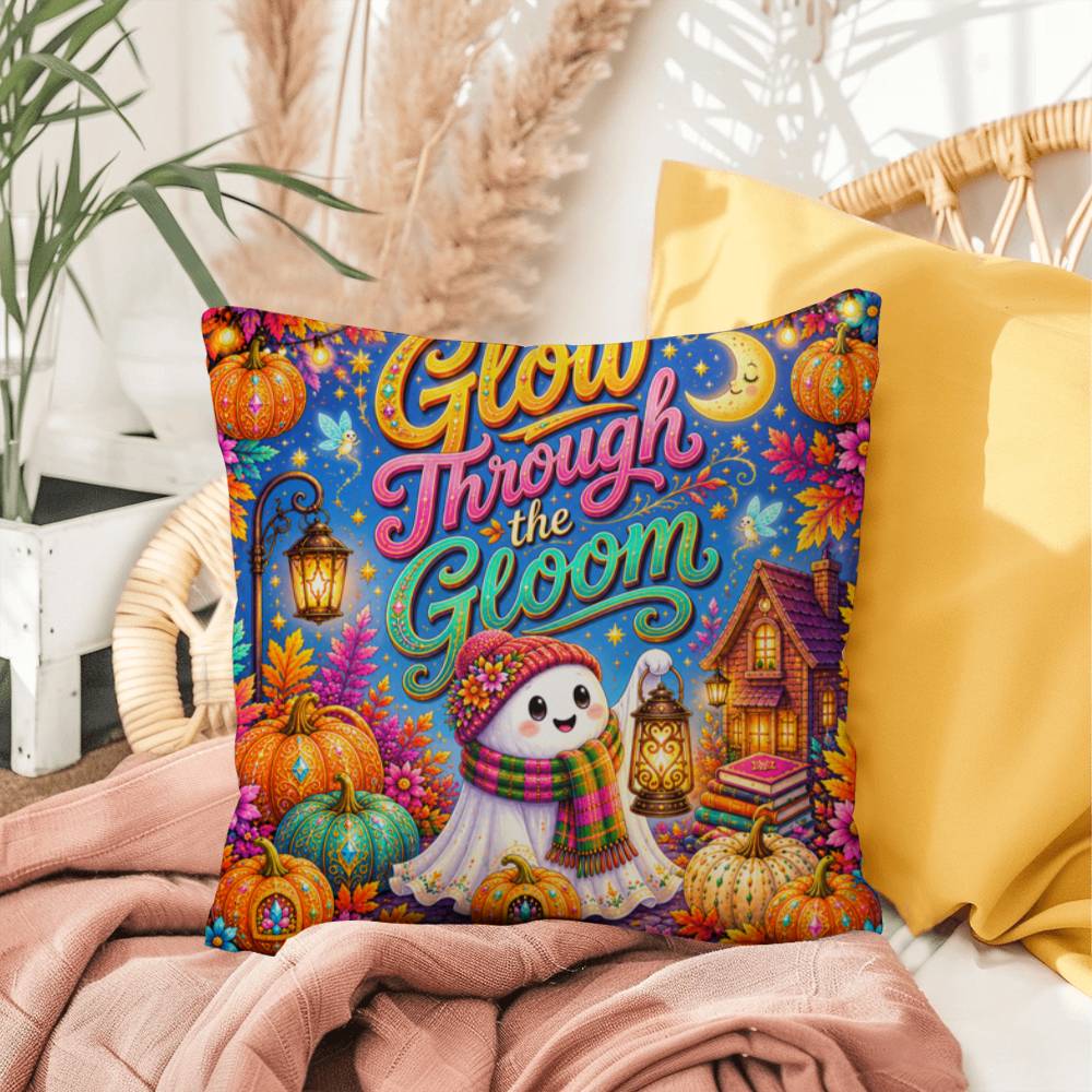 Glow Through The Gloom quote with ghost lantern artwork on an encouraging Halloween throw pillow
