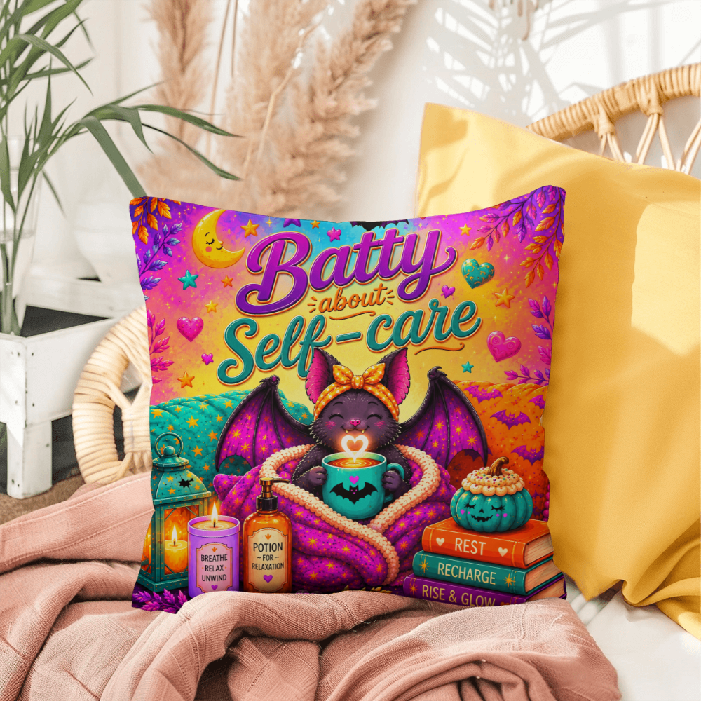 Batty About Self-Care quote with smiling bat illustration on a Halloween pillow focused on daily wellness