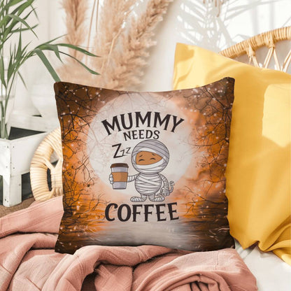 Halloween indoor/outdoor pillow with “Mummy Needs Coffee” for spooky humor and décor