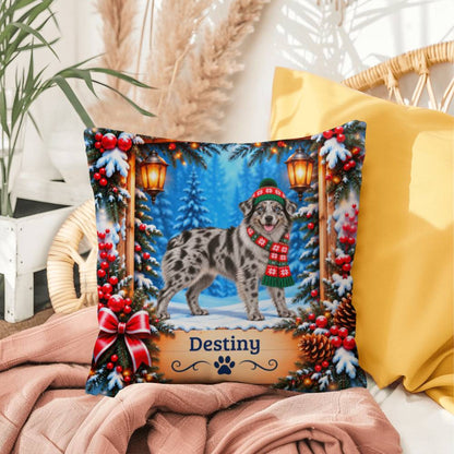 Australian Shepherd (Solid Blue Merle Coat) - Personalized Blue-Eyed Dog Pillow, Snowy Lodge Decor