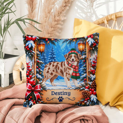 Australian Shepherd (Red Merle & White Bi Coat) - Personalized Dog Pillow, Cozy Woodland Gift