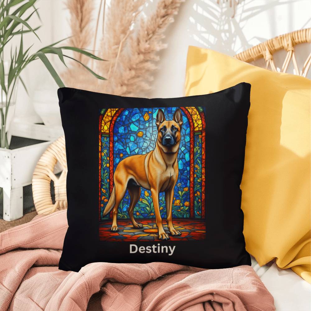 Belgian Malinois (Fawn) Indoor/Outdoor Pillow - Personalized Stained Glass Dog Tribute & Comfort Gift