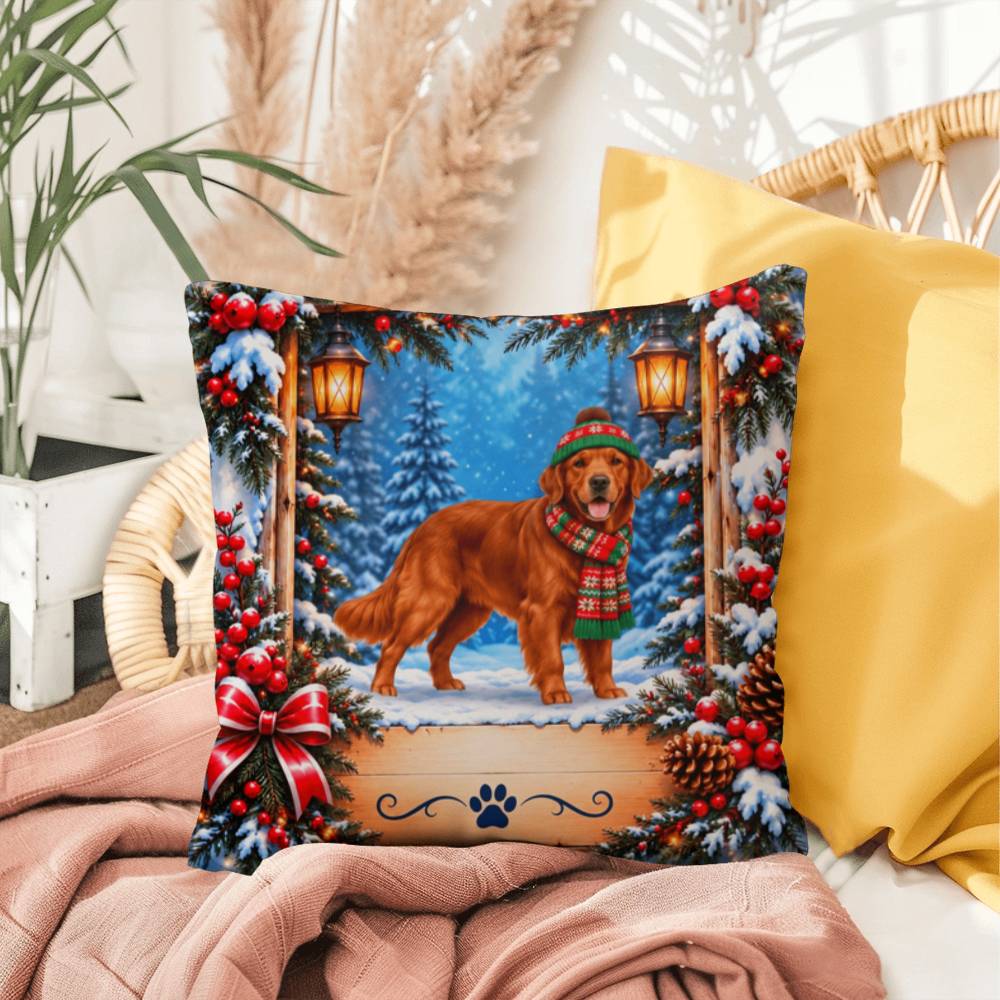 Golden Retriever (Red Field Coat) - Personalized Winter Forest Pillow, Custom Dog Name Gift