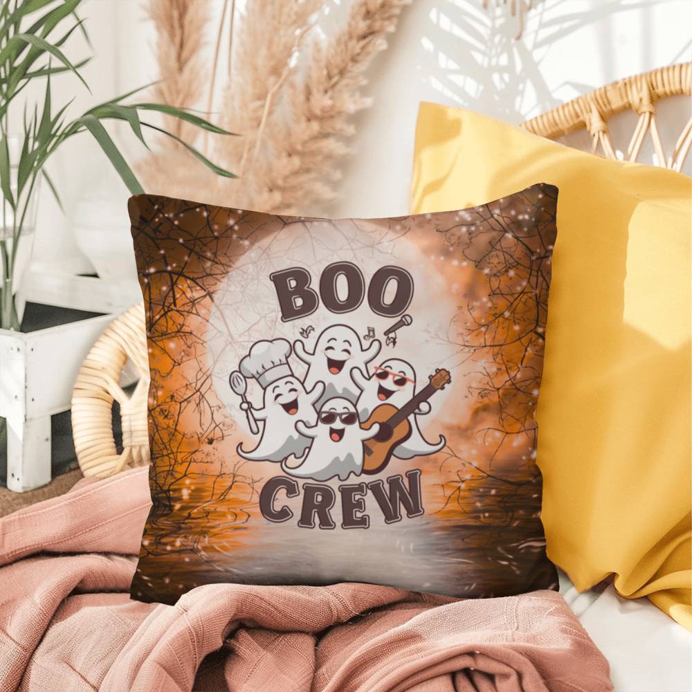 Halloween-themed indoor/outdoor throw pillow with “Boo Crew,” perfect for spooky home décor