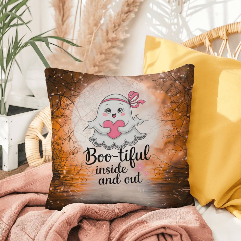 Indoor/outdoor Halloween pillow with “Boo-tiful Inside & Out” promoting positivity and self-love