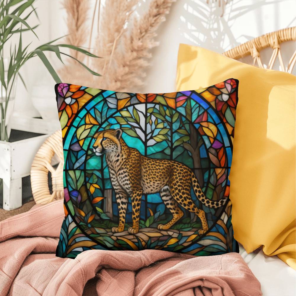 Cheetah stained glass throw pillow, indoor outdoor animal print decor, safari home accent cushion