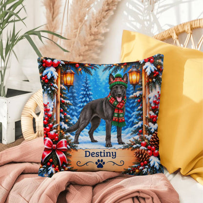 Belgian Malinois (Black Coat) - Personalized Snowy Forest Pillow, Indoor Outdoor Dog Name Gift