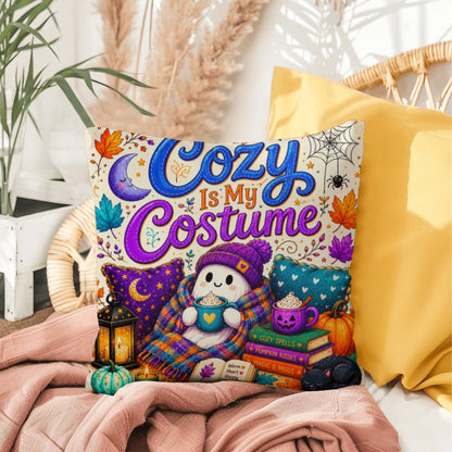 Cozy Is My Costume saying with ghost artwork on a Halloween throw pillow inspired by autumn comfort