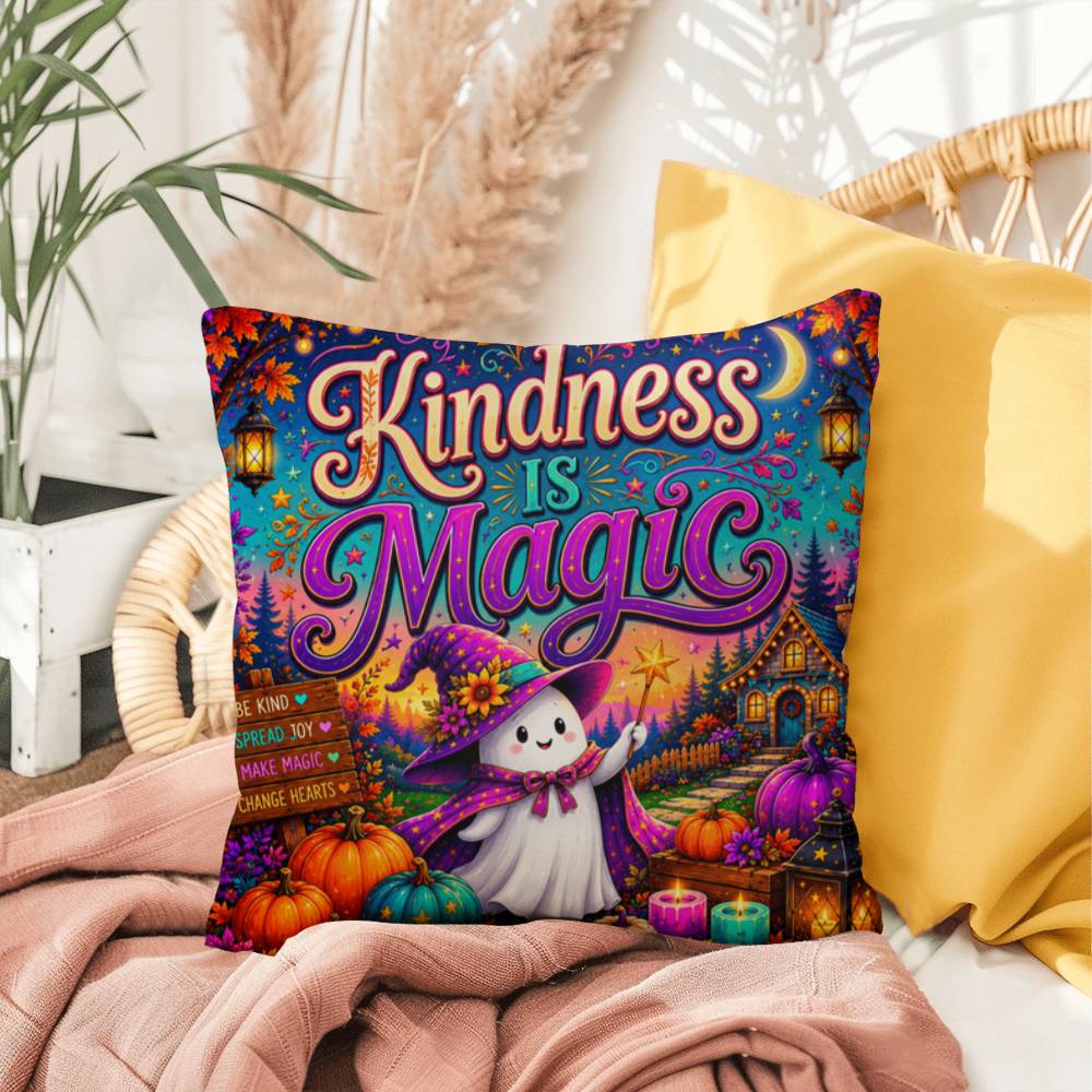 Kindness Is Magic quote with cheerful Halloween artwork on a positive decorative throw pillow