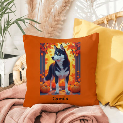 Siberian Husky Black & White Coat (Amber Eyes) Pillow, Indoor Outdoor Dog Cushion, Personalized