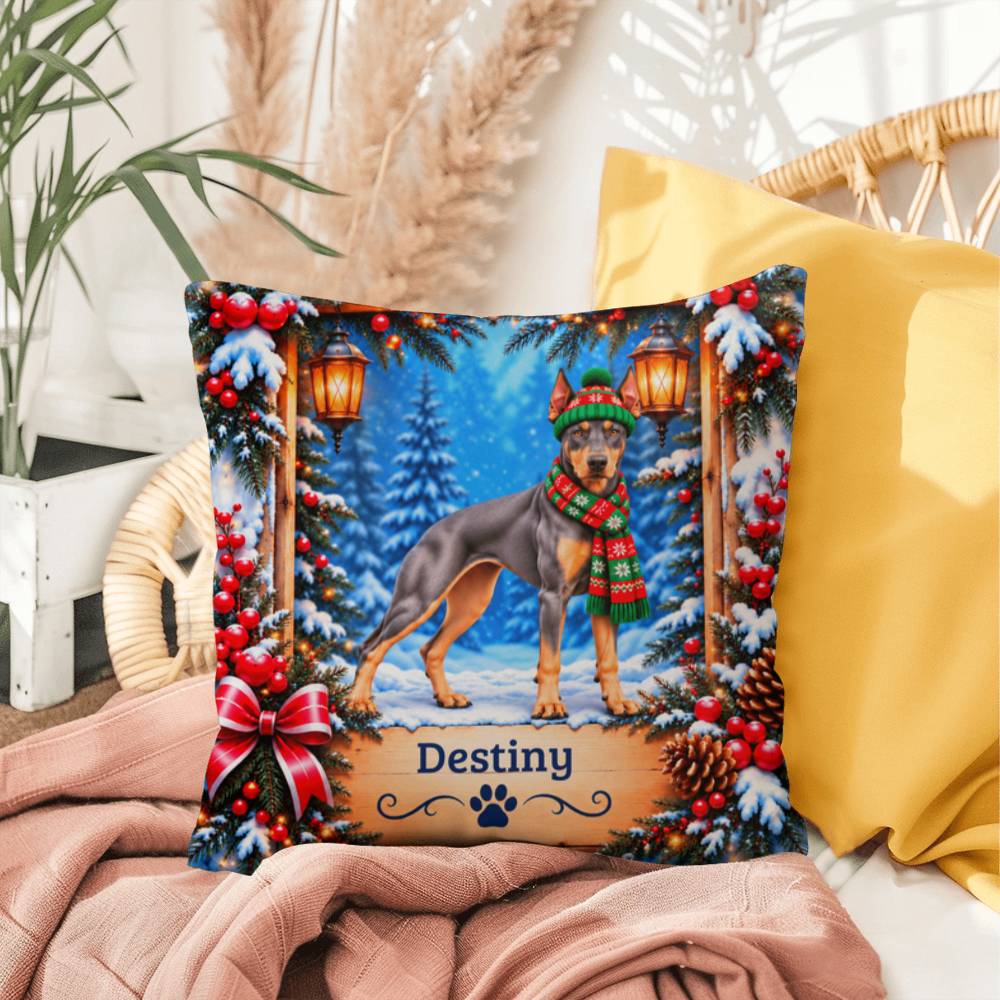 Doberman (Blue & Rust Coat) - Personalized Lantern-Lit Lodge Pillow for Dobie Lovers