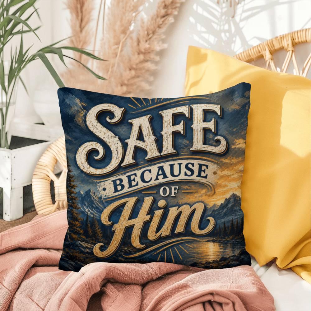 Shop our premium safe because of him throw pillow from MySisterIsASurvivor.