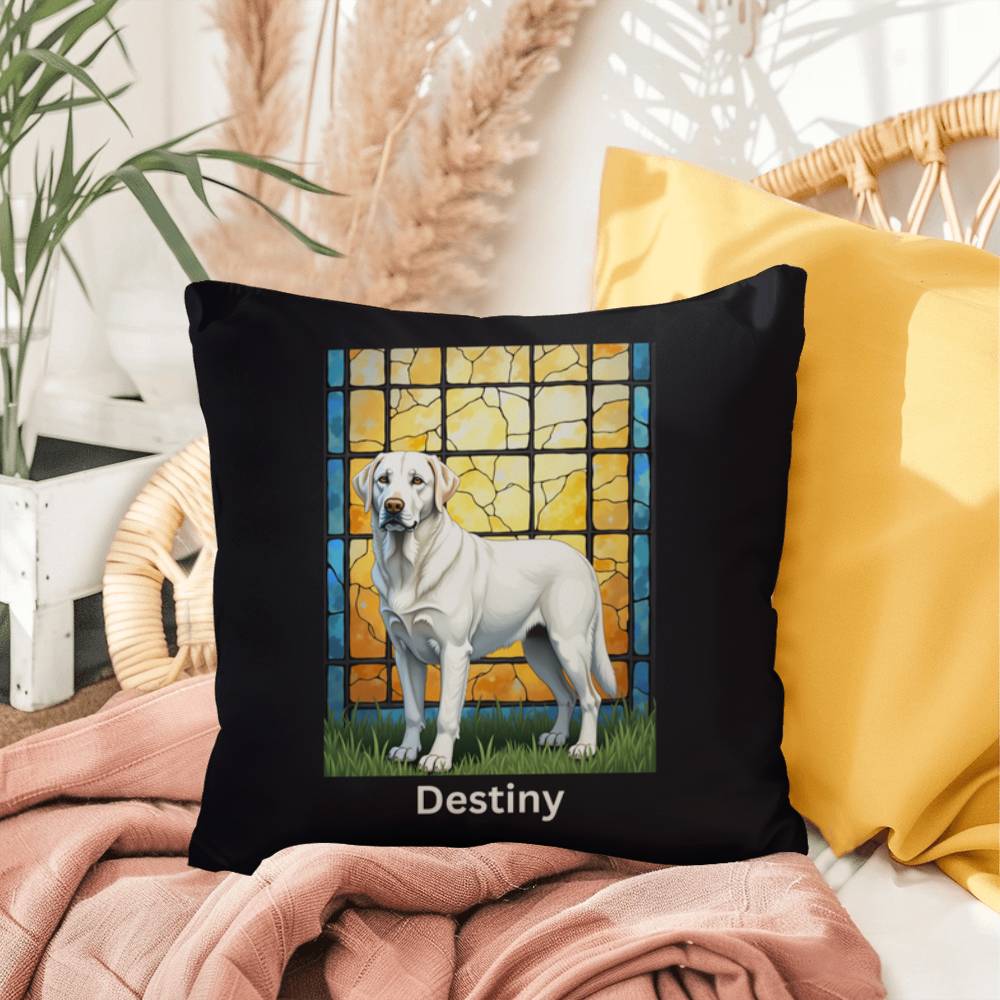 White Labrador Retriever Pillow, custom name stained glass dog décor for pet lovers