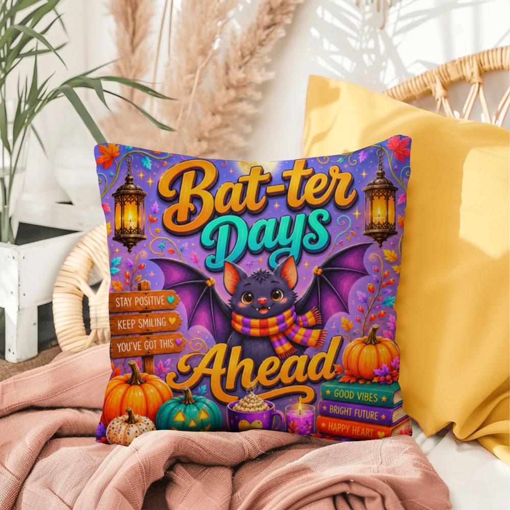 Bat-ter Days Ahead quote with cheerful bat artwork on a colorful Halloween throw pillow with uplifting fall vibes