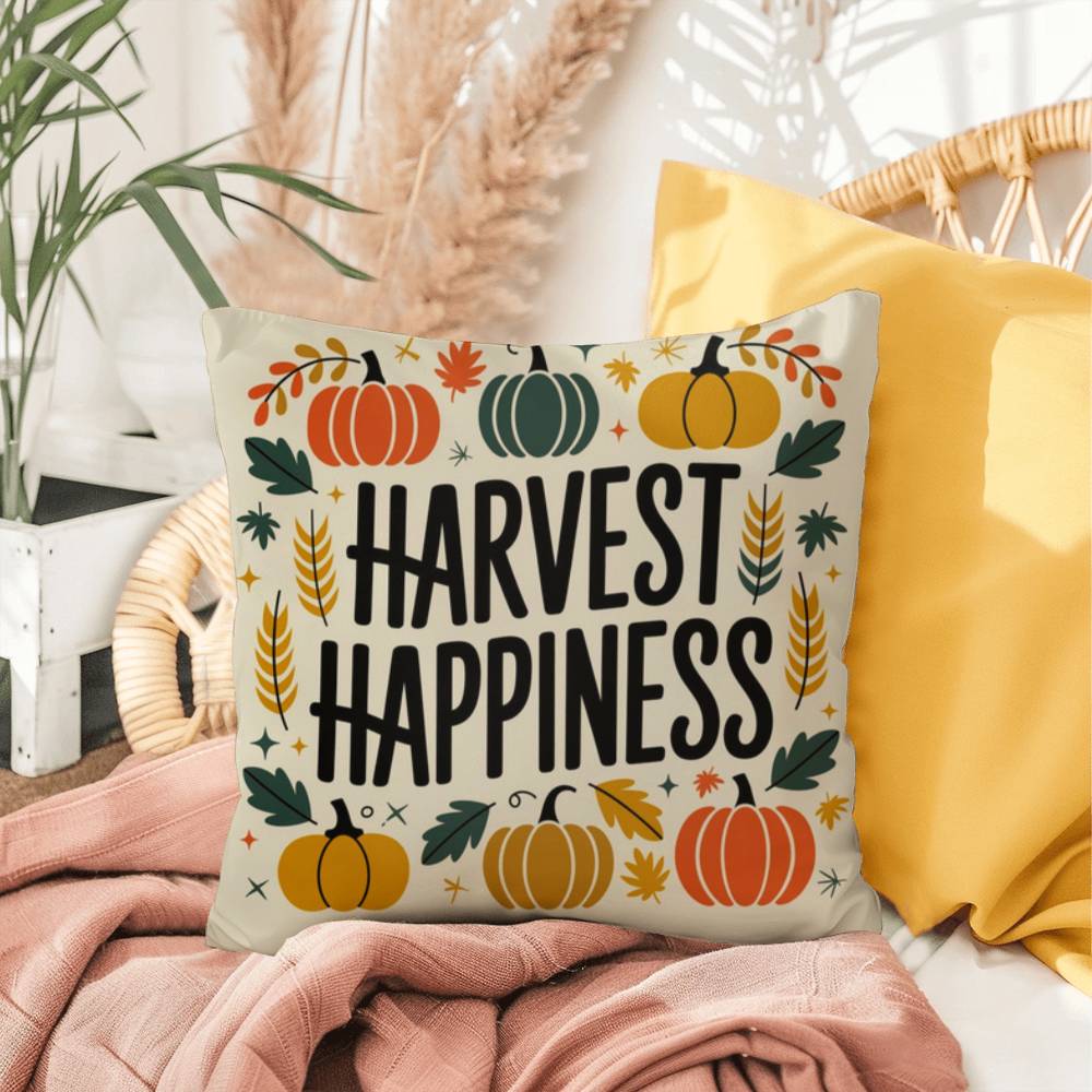 Harvest Happiness throw pillow with fall mindfulness quote, cozy colors and seasonal home décor