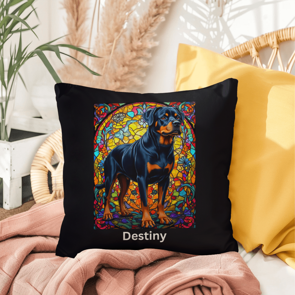 Rottweiler (Black and Rust) Indoor/Outdoor Pillow - Personalized Stained Glass Dog Tribute & Comfort Gift